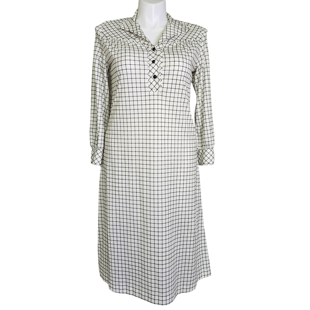 Vintage 70s Black White Grid Print Long Sleeve Midi Dress Notched Collar Cream